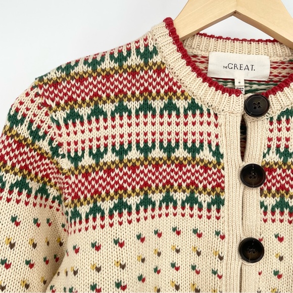 The Great. Vintage Ornament Button Down Cardigan in Cream Green and Red Size 0 - Picture 9 of 15